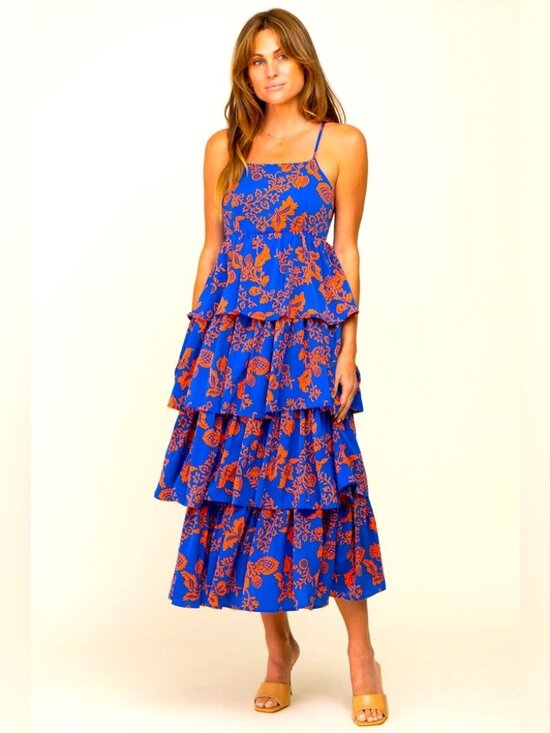 entro Dresses & Skirts - ENTRO Blue and Orange Tiered Ruffle Maxi Dress